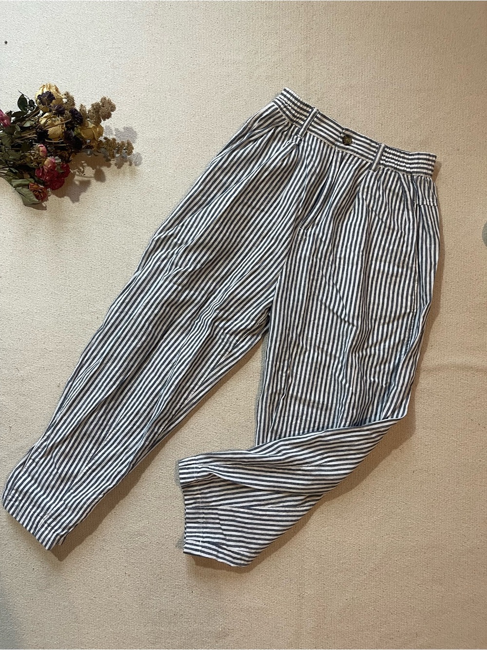 BDG Urban Outfitters Striped Linen-Blend Trousers — Navy & White — Size S